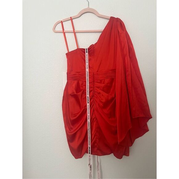 Mac Duggal Satin One Shoulder Long Sleeve Draped Back Tulip Hem Mini Dress NEW N - Picture 7 of 8